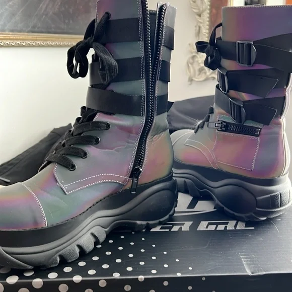 Iridescent Combat Boots with Buckle Straps - Picture 2 of 3